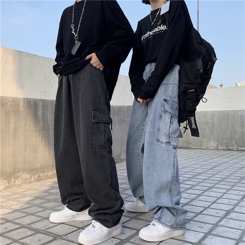 Quần denim 191581 dáng dài ống suông rộng cá tính thời trang phong cách đường phố cho cả nam và nữ