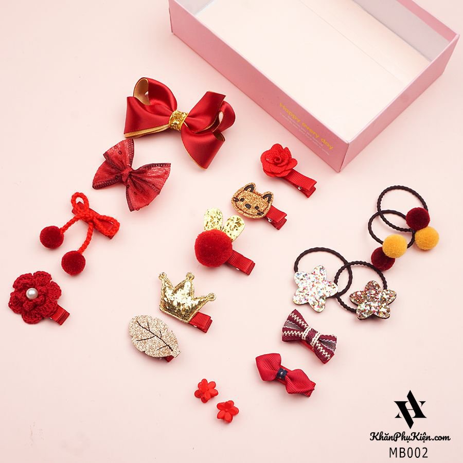 Hộp kẹp tóc quà tặng cho bé gái 18 phụ kiện siêu dễ thương iLita phong cách Hàn Quốc đủ màu (Hồng, Đỏ, Tím)