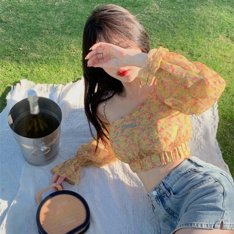 Áo Trễ Vai Dài Tay In Họa Tiết Hoa Thanh Lịch Dành Cho Nữ