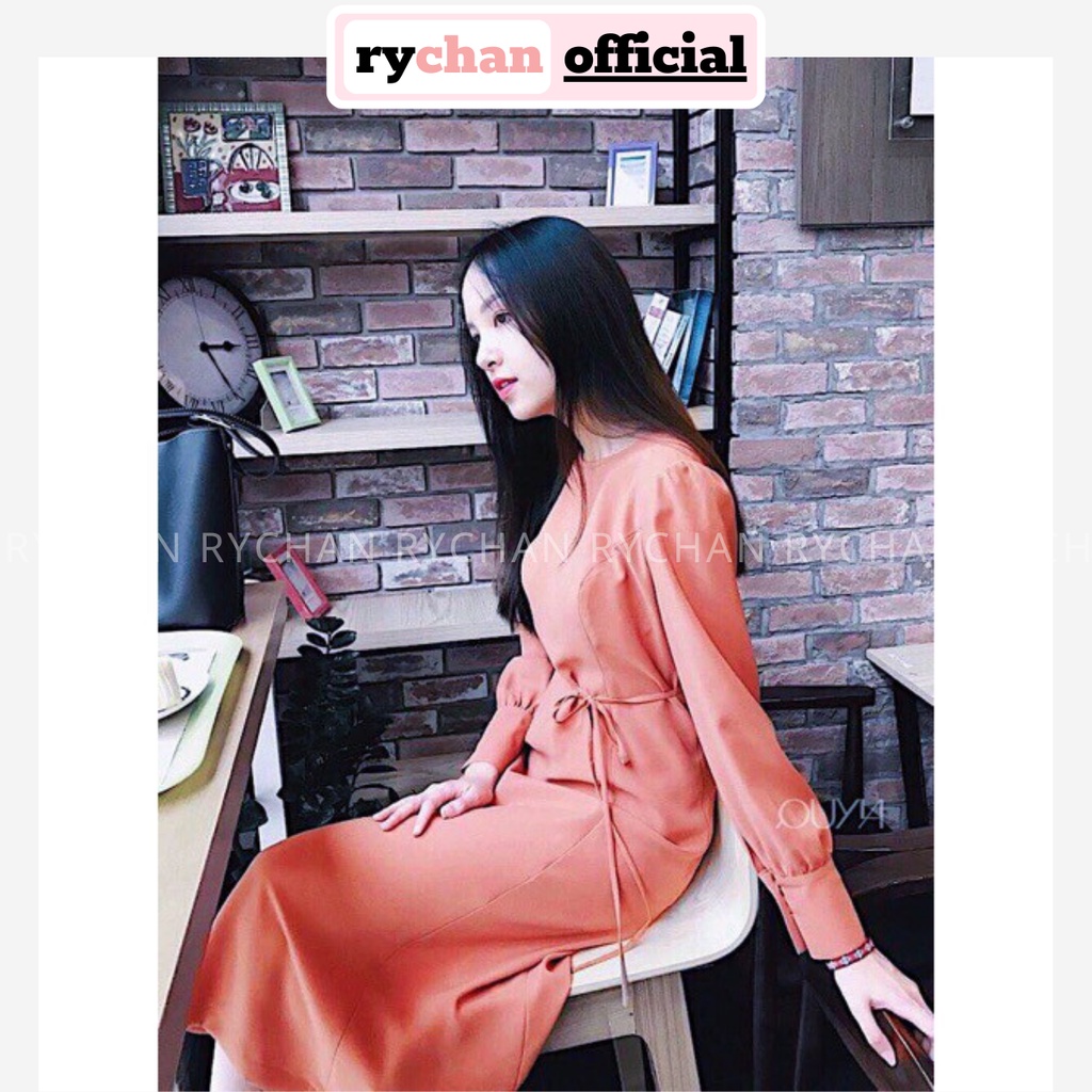 [ẢNH THẬT CUỐI] DM699 - Đầm Maxi Xòe Cam Tay Dài Cột Dây Eo