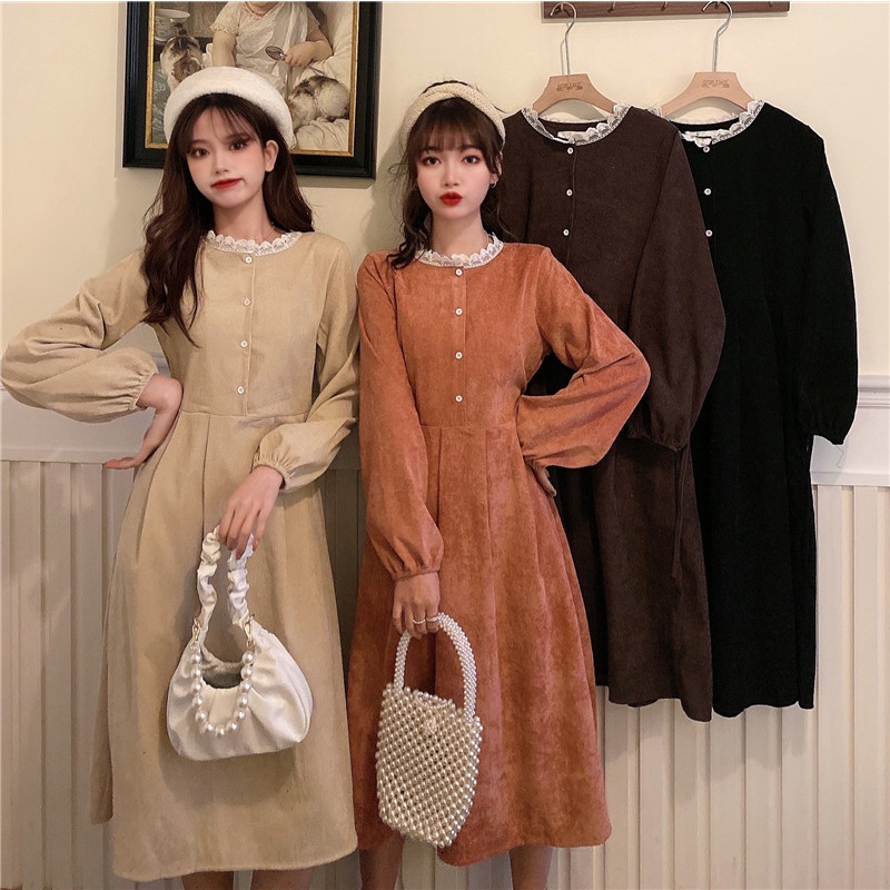 【ZHELIHANGFEI】Đầm Nhung Dài Qua Gối Dài Tay Phong Cách Mới