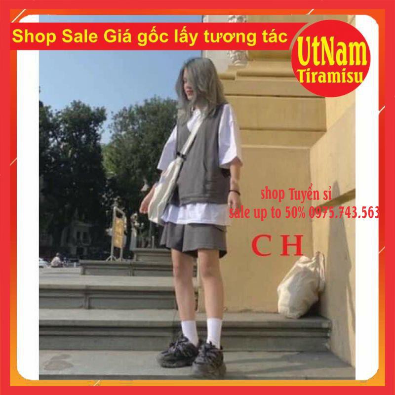 (RẺ VÔ ĐỊCH)Sét đồ nữ 3 Món Gồm Áo Gile + Áo Thun Form Rộng Tay Lỡ + Quần Short Xám Siêu Hot Hit Unisex | BigBuy360 - bigbuy360.vn