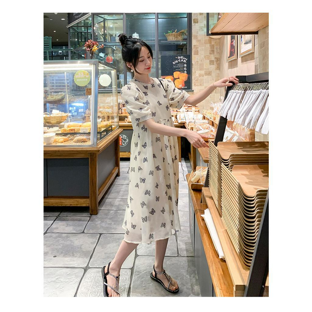 Váy bầu thiết kế , đầm bầu babydoll công sở chất voan tơ đuôi cá dáng dài họa tiết nơ siêu xinh