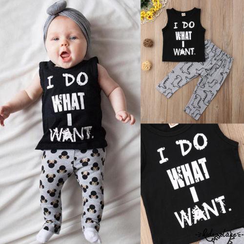 Set áo cộc tay cổ tròn in chữ I do what I want + quần dài cho bé trai gái