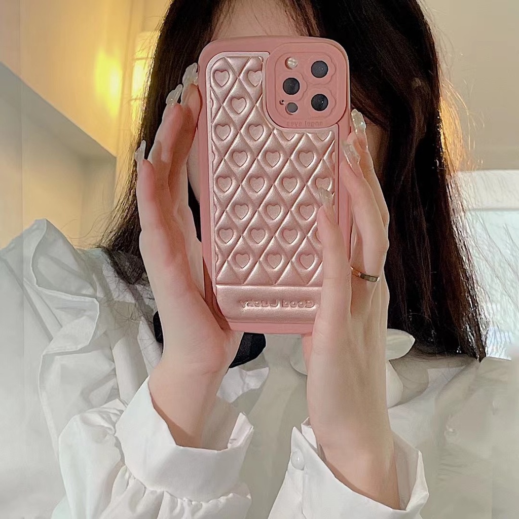 Ốp Điện Thoại Hình Trái Tim Vân Kim Cương Màu Hồng Chống Rơi Cho iphone 7 8 plus 11 pro 11 promax 12 promax
