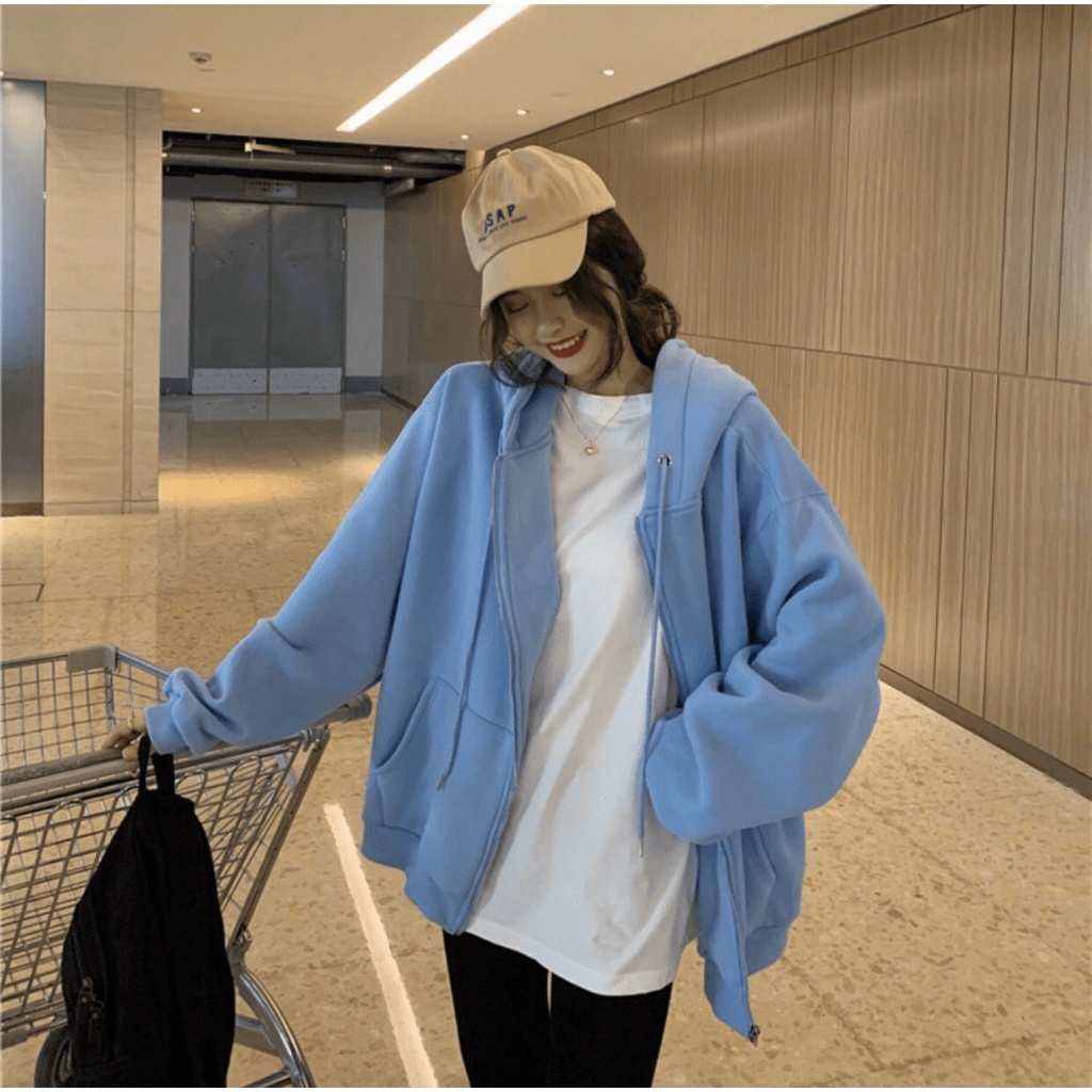 Áo khoác nữ Hoodie form rộng Khóa Dây Kéo Ngoại Trơn Tai Thỏ bông mềm TP [NewUnisex]