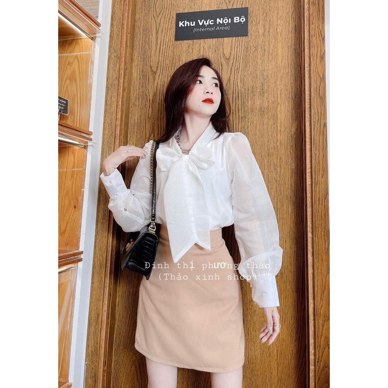 SNU172 - SET NỮ ÁO SƠ TRẮNG CỔ NƠ MIX CVAY NÂU