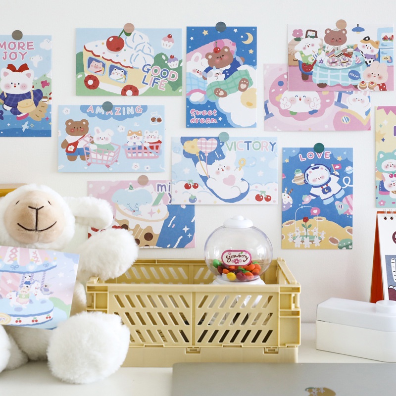 Set 15 Tấm Thẻ Dán Tường Trang Trí Họa Tiết Hoạt Hình Gấu Thỏ