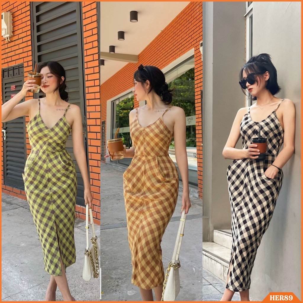 Váy 2 dây kẻ Caro chất Đũi Lụa Mềm mát