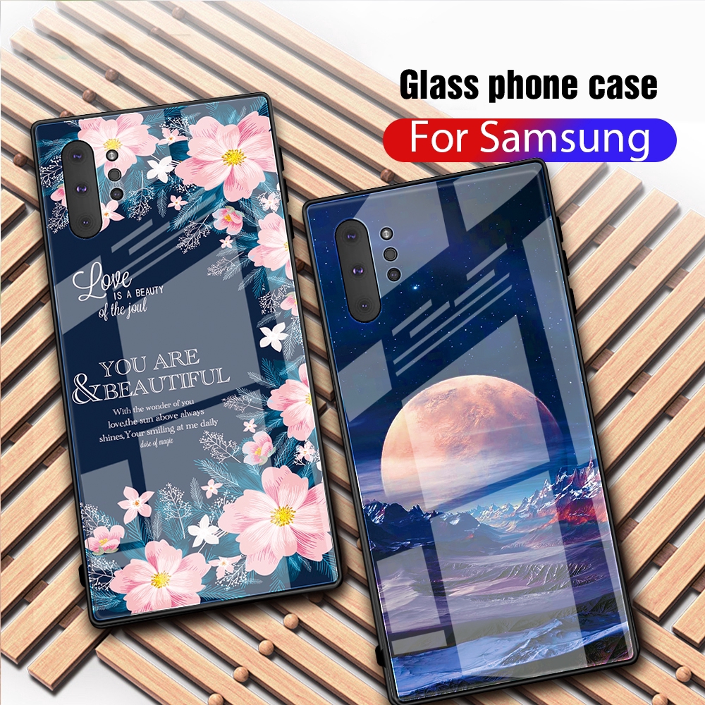 Ốp điện thoại mặt kính cường lực hình trái tim chim hồng hạc cho Samsung Galaxy Note 10 Plus / Note 10