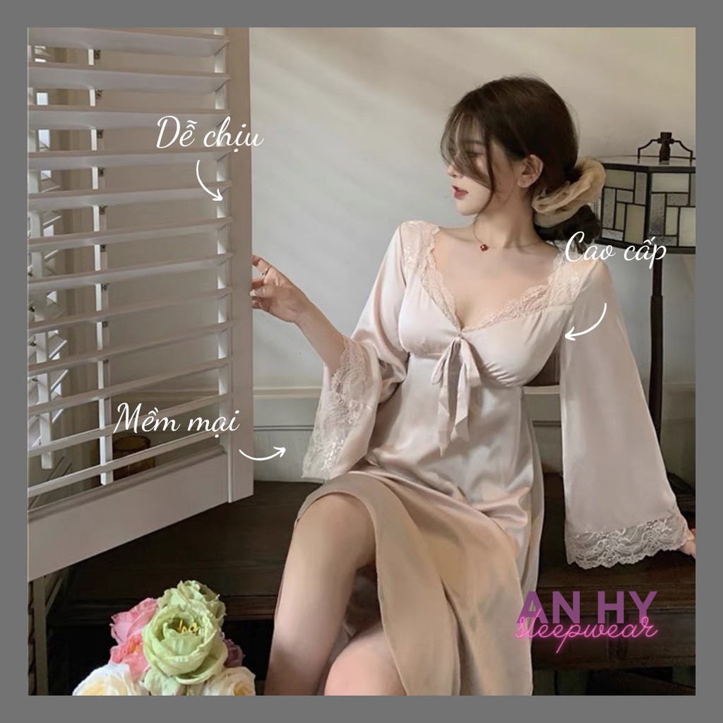 [Hàng Cao Cấp]Váy lụa ngủ dài tay dáng dài phối ren, đầm ngủ lụa cao cấp dài tay mềm mịn mặc thoáng nhẹ thanh lịch