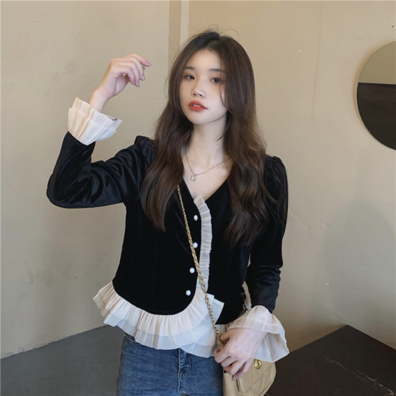 Áo sơ mi nữ tay dài phối nhung thời trang thanh lịch