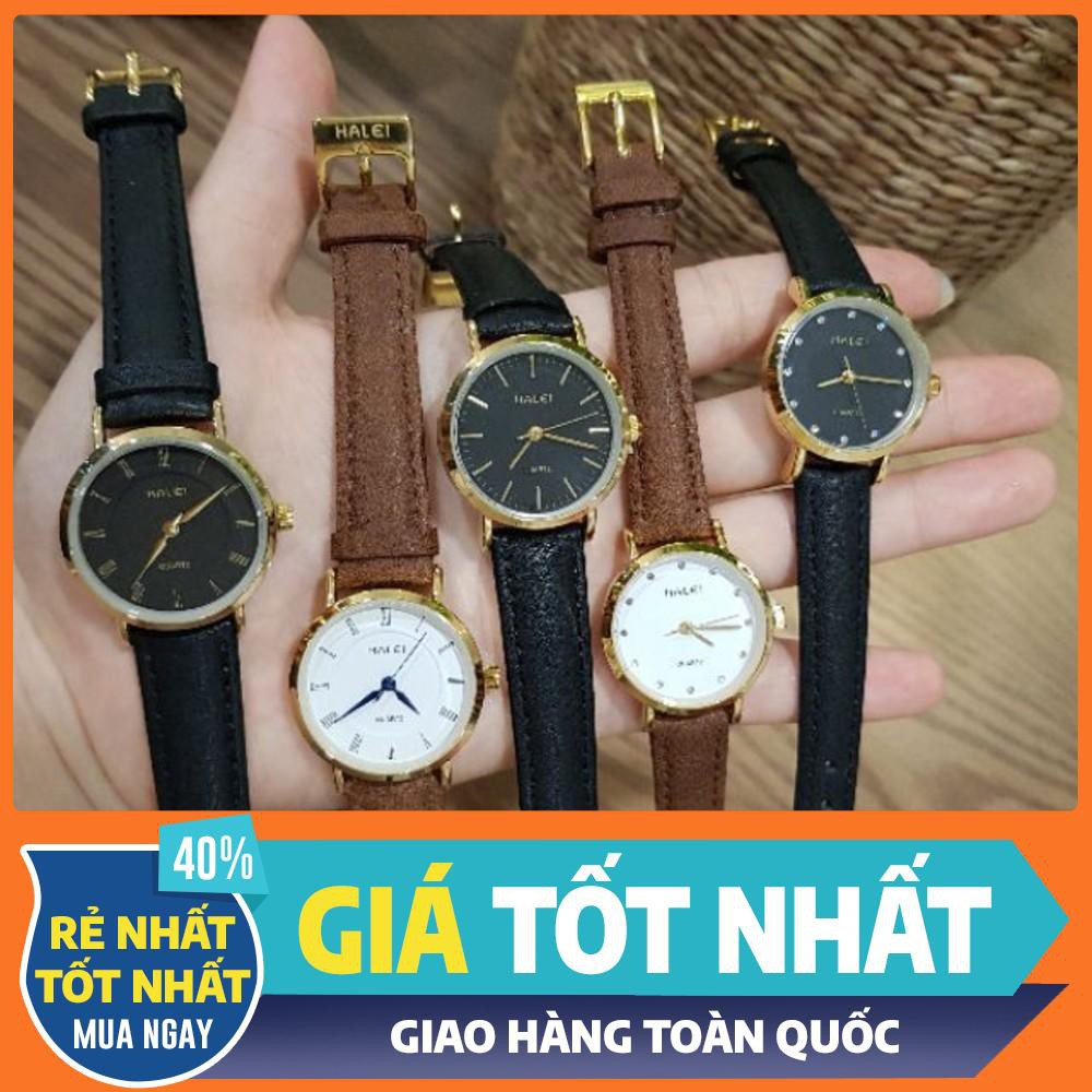 [HOT] [Đồng Hô Chính Hiệu ] [FLASHSALE] Đồng Hồ Đôi Nam Nữ Halei 001A Kim Xanh Mặt Trắng Dây Da Nâu Chính Hãng