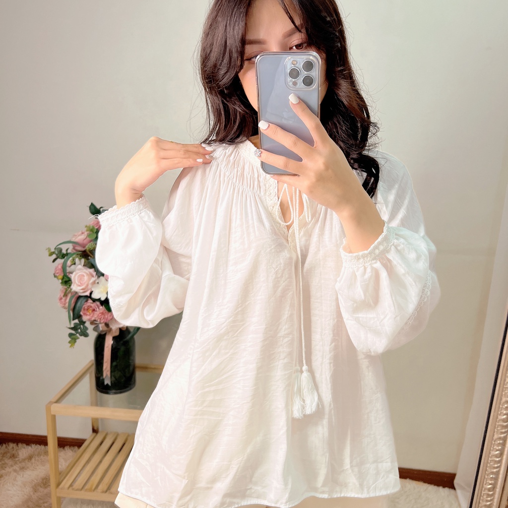 Áo sơ mi nữ babydoll tay bồng cổ rút dây Ulzzang hàng qc