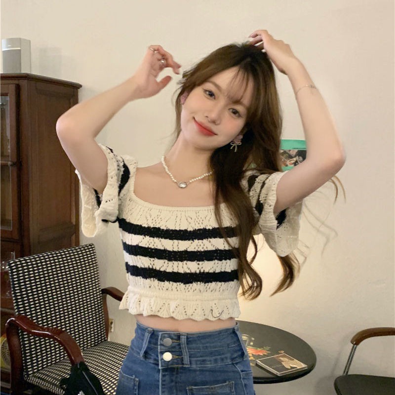 Áo sweater XIAOZHAINV vải dệt kim ngắn tay cổ vuông họa tiết kẻ sọc phong cách Hàn Quốc