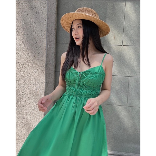 ĐẦM XANH MIDI BO CHUN NGỰC THẮT NƠ 2 DÂY