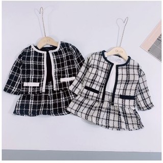 SET VÁY DẠ TEXT KẺ ĐEN TRẮNG CHO BG