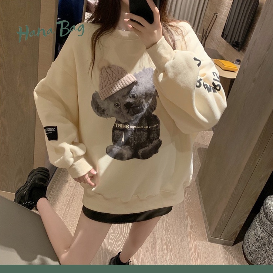 Áo sweater nữ, áo nỉ form rộng phong cách hàn quốc hình con gấu trước ngực | BigBuy360 - bigbuy360.vn