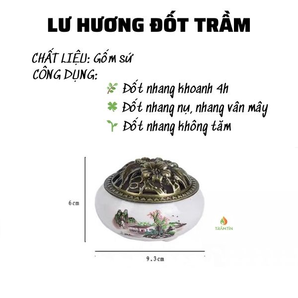 Lư sứ xông trầm hương, đỉnh đốt trầm men rạn ngọc cao cấp nhiều màu sắc, nắp đồng hoa mai. Tặng 1 nụ trầm hương Trầm Tín