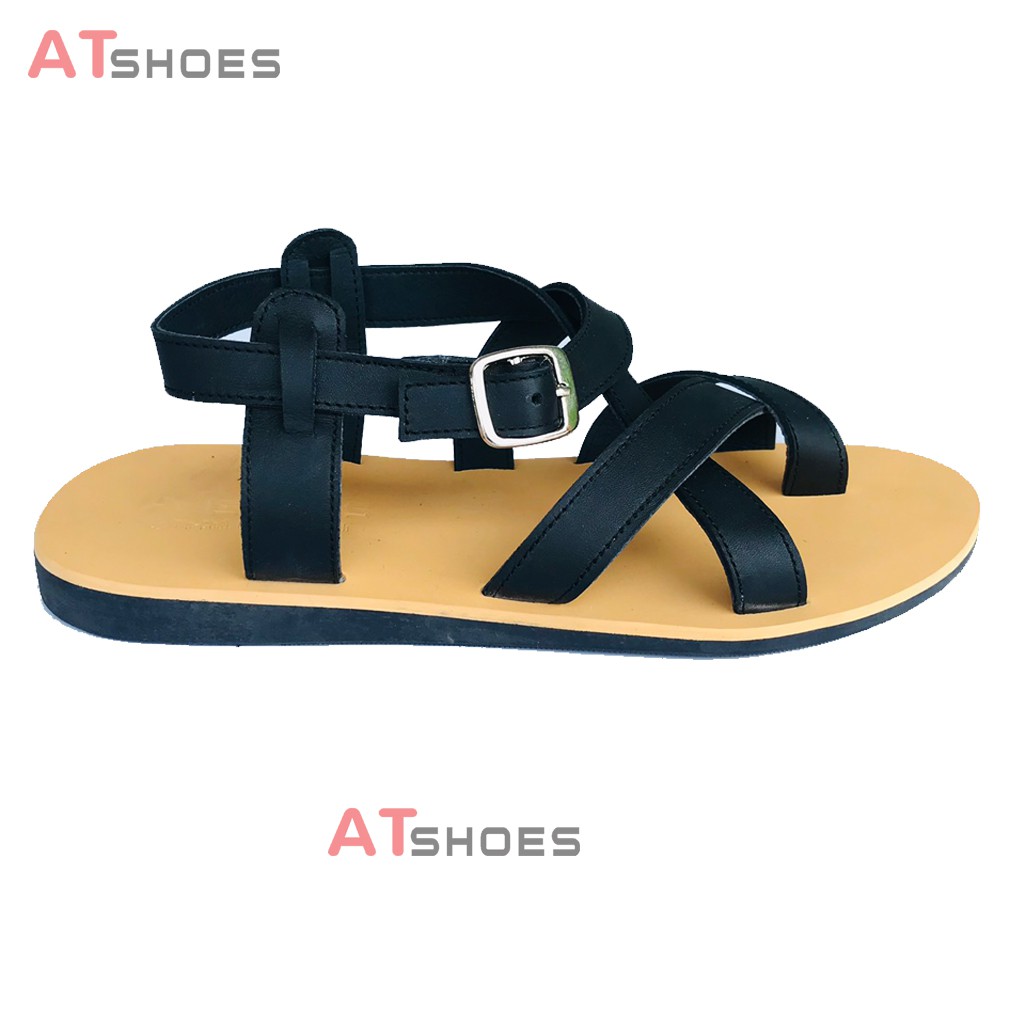 Dép Sandal Unisex cao cấp Da Bò Thật Sandal xỏ ngón nam nữ chuẩn kiểu Hàn Quốc Trẻ Trung Atshoes AT40(Đen Đế vàng)