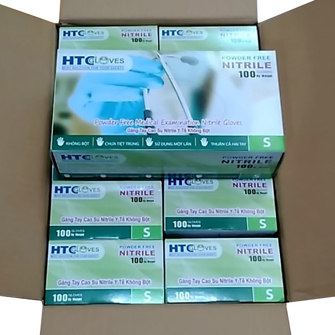 Bao tay y tế không bột HTC cao su Nitrile size S, M 100 cái/hộp.