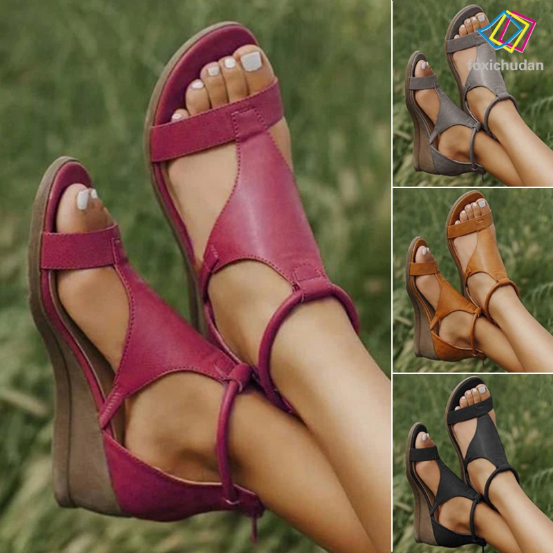 Giày Sandal Nữ Đế Xuồng Giả Da Nhiều Màu Thời Trang