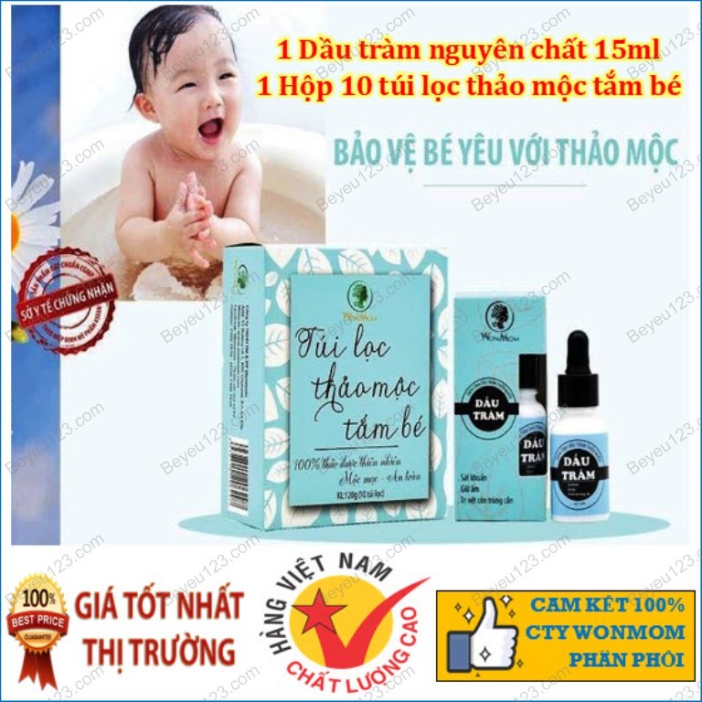 Combo Dầu tràm nguyên chất 15ml + Hộp 10 túi thảo mộc tắm bé 120g - Wonmom (Việt Nam)