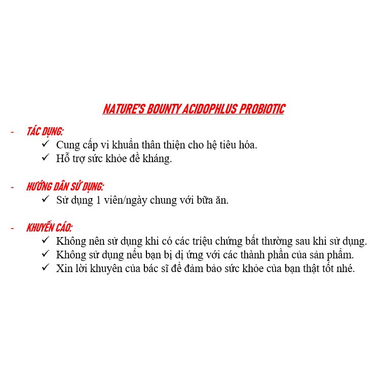 [DATE 11/2022] NATURE’S BOUNTY ACÍDÔPHLUS PROBIOTIC 100 VIÊN