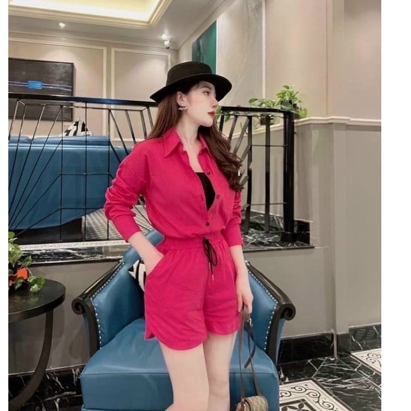 Sét bộ đi chơi áo sơ mi tay dài ,phối quần cộc kèm áo lót đa dạng màu sắc , cho nàng thoải mái dạo phố