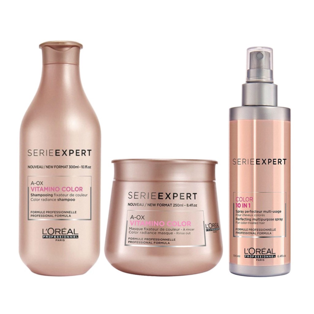 Bộ dầu gội 300ml, hấp dầu 250ml và xịt dưỡng khóa màu nhuộm Loreal Vitamino Color A-OX chăm sóc và giữ màu tóc nhuộm