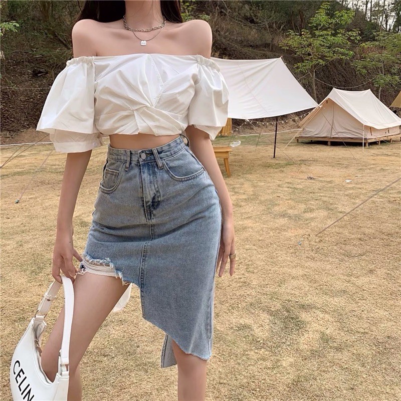 Áo trễ vai buộc nơ lưng tay phồng dáng ngắn croptop ulzzang