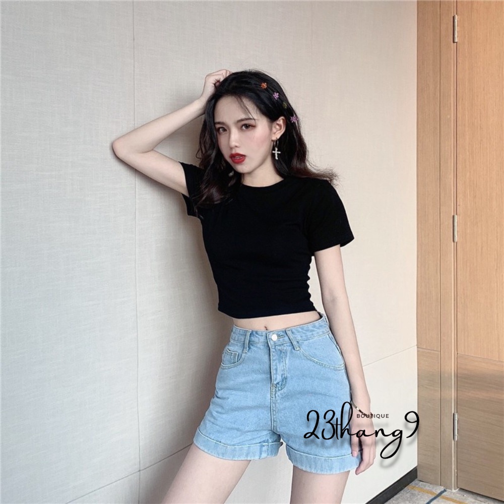 Áo croptop nữ cổ tròn áo ôm body tay ngắn chất vải dày dặn croptop trơn dáng basic đen trắng cá tính sexy 23thang9