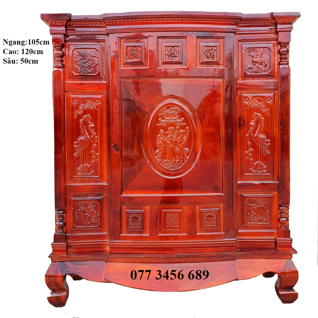 Tủ thờ gỗ tràm bông vàng cao 120cm, ngang 105cm, sâu 50cm bền đẹp, phù hợp với nhà có diện tích nhỏ.
