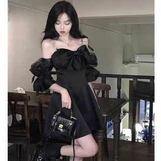 ĐẦM ĐEN TIỂU THƯ ĐI TIỆC 2 DÂY ĐÁ TAY RỚT VAI PHỐI NƠ VOAN TƠ (ẢNH THẬT)