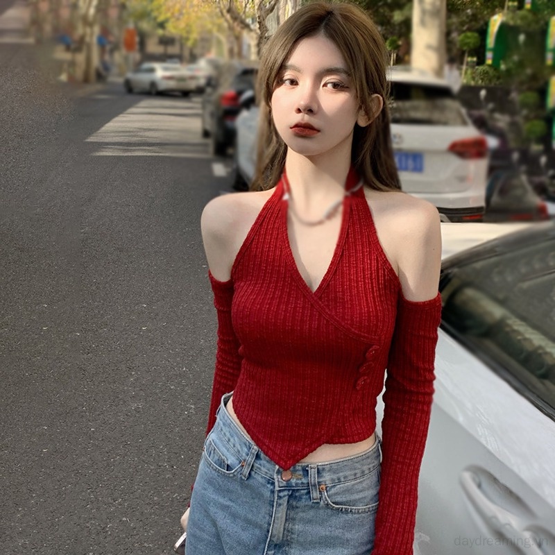 Áo Croptop Trễ Vai Tay Dài Màu Sắc Trơn Thiết Kế Quyến Rũ Dành Cho Nữ