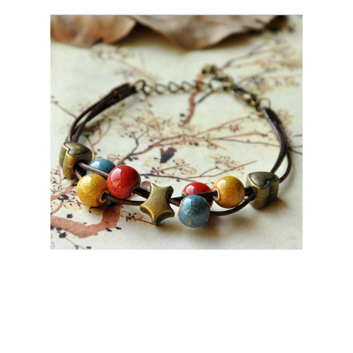 Vòng tay gốm thời trang Vintage 3 dây VGOM23 (Giao mầu ngẫu nhiên)