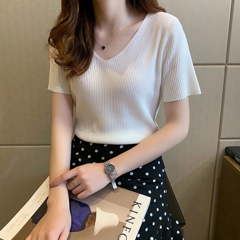 Áo Dệt Kim Tay Ngắn Chất Liệu Co Giãn Thoải Mái Cho Nữ