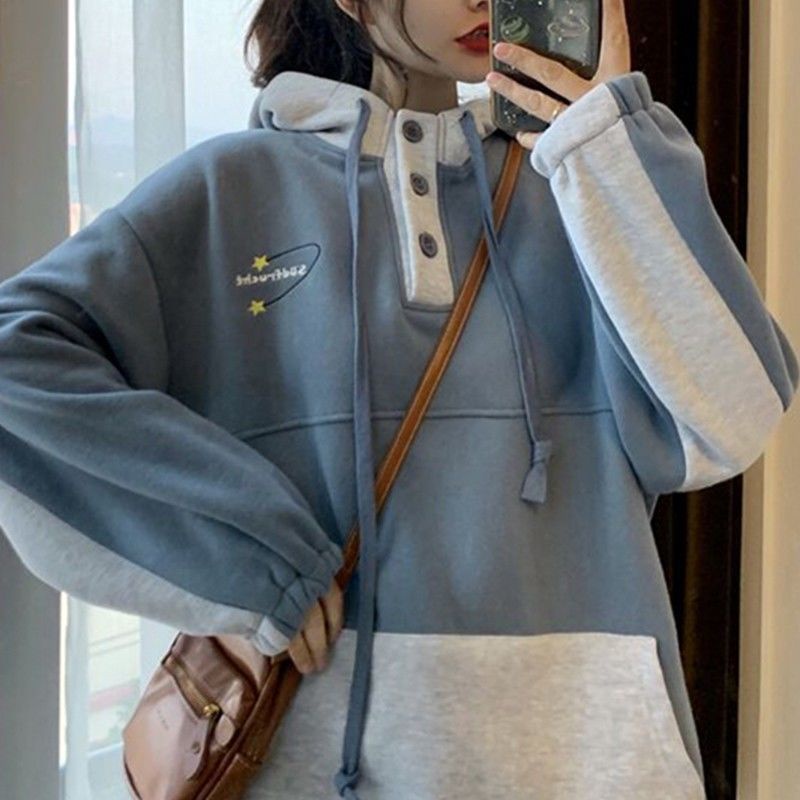 Áo hoodie dài tay màu sắc tương phản phong cách Hàn Quốc