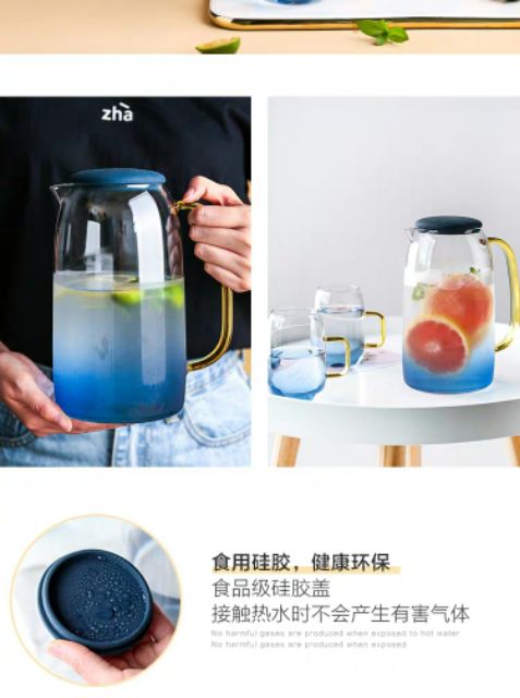 Combo bộ thủy tinh xanh đại dương 1 bình 4 cốc kèm 1 khay gỗ dầy