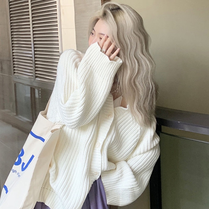 Bán Chạy!F &amp; X 2022 Áo Khoác Cardigan Dệt Kim Màu Trắng Phong Cách Mới Xuân Thu 2022 Phong Cách Lười Retro