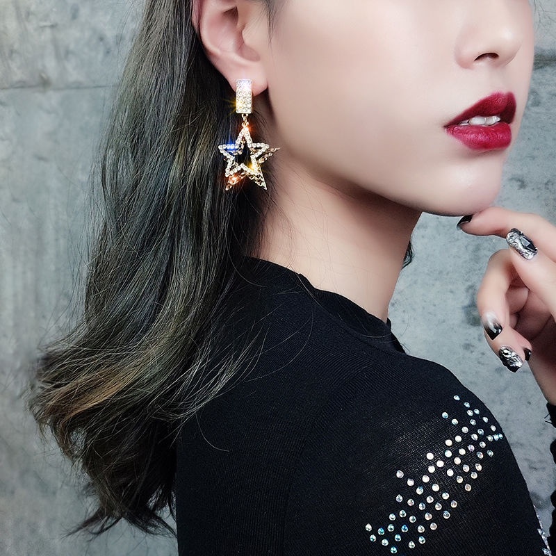 Bông Tai Dài Hình Ngôi Sao Năm Cánh Đính Đá Phong Cách Âu Mỹ