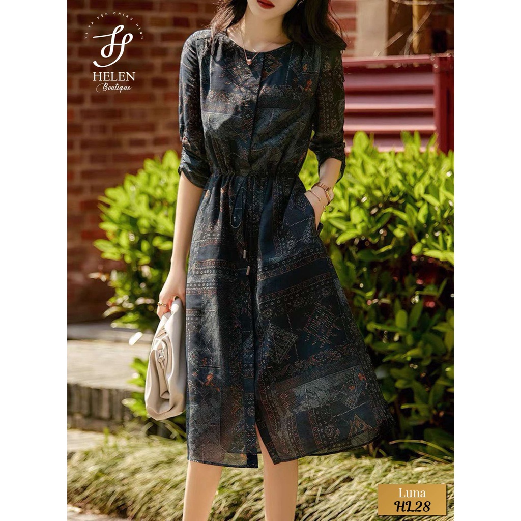 Đầm suông cổ tròn họa tiết Vintage nhã nhặn - có Bigsize, cỡ lớn - Trung niên - Luna Dress - Helen Boutique