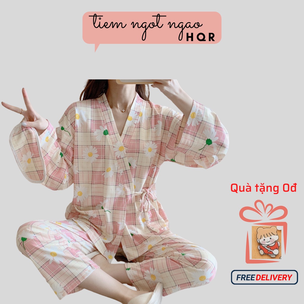 Bộ ngủ kimono hoa cúc vải thoáng mát thấm mồ hôi tốt