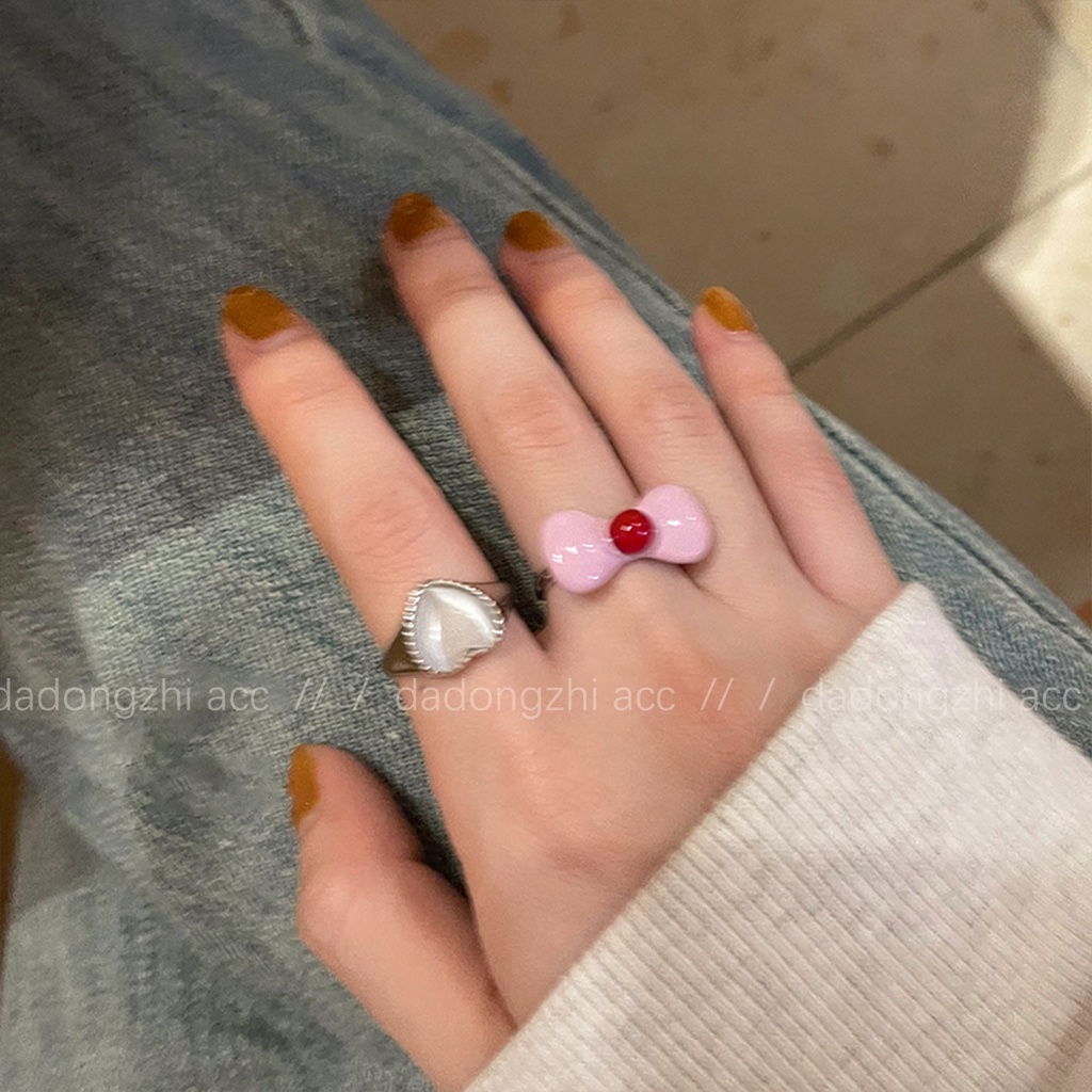 Nhẫn Hở Hình Nơ Đính Đá Mặt Trăng Màu Hồng Xinh Xắn