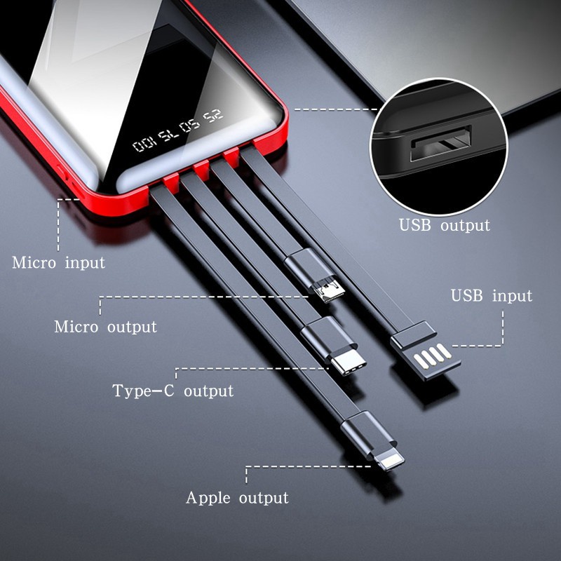 Pin sạc dự phòng 20000mAh YM276S 4 cổng kết nối nhỏ gọn di động tích hợp dây cáp sạc tiện dụng tương thích Android/IOS