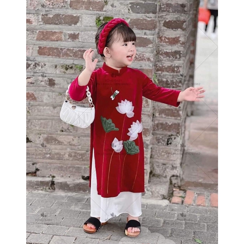 Áo dài nhung hoa sen thêu tay cho bé mặc lễ, tết siêu xinh kèm mấn AD01