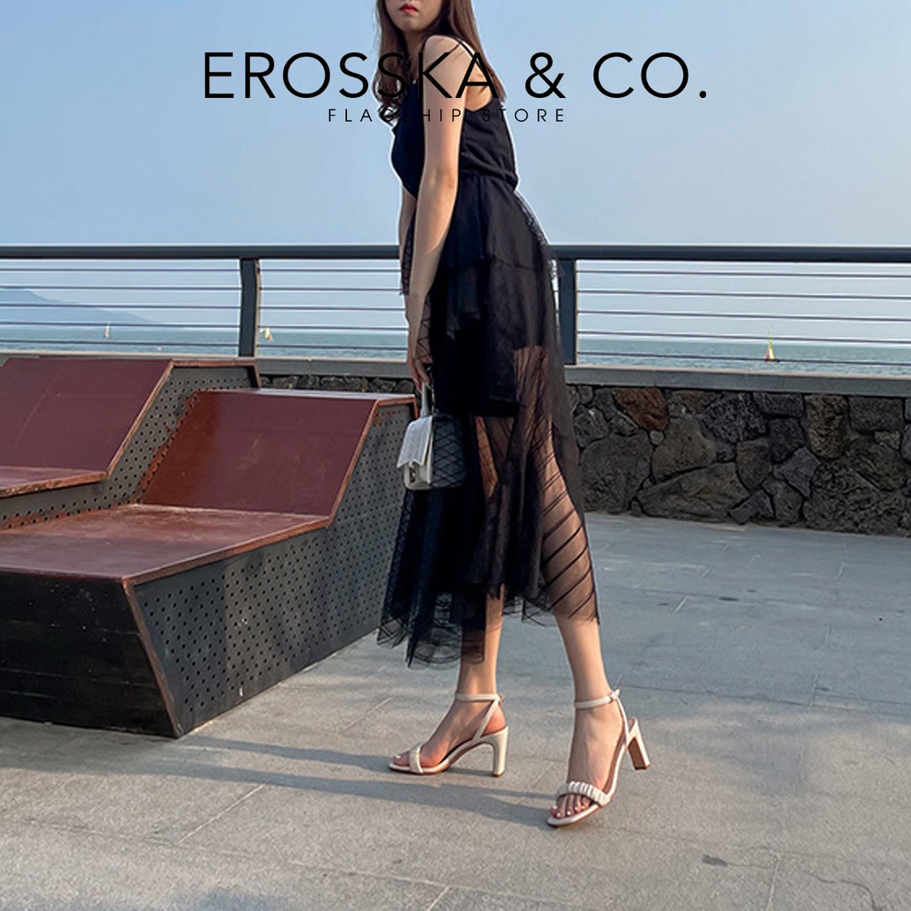 Erosska - Giày sandal cao gót nữ 2022 mũi vuông quai nhún cao 8cm màu nude - EB044