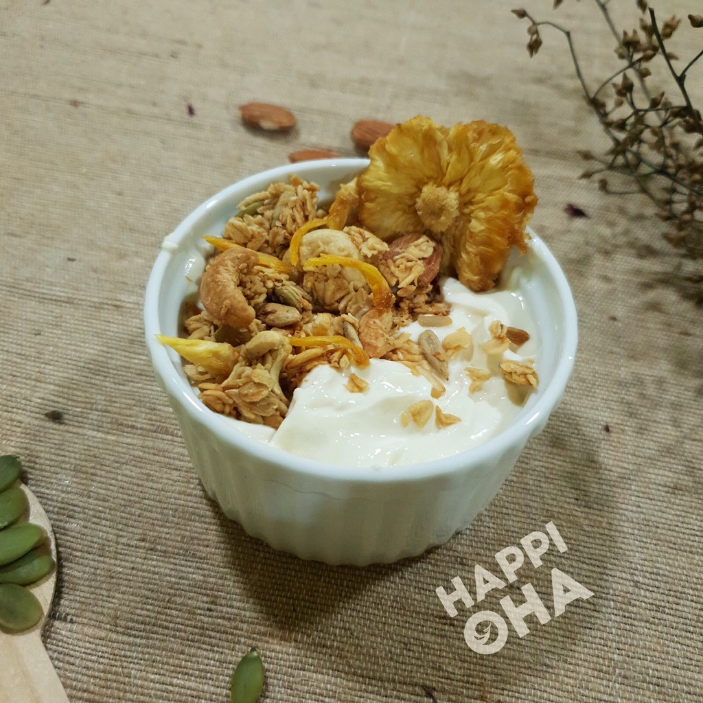 Granola Pineapple Mix HAPPIOHA - Ngũ Cốc Ăn Sáng/Ngũ Cốc Ăn Kiêng Không Đường Tinh Luyện Vị Dứa 40g