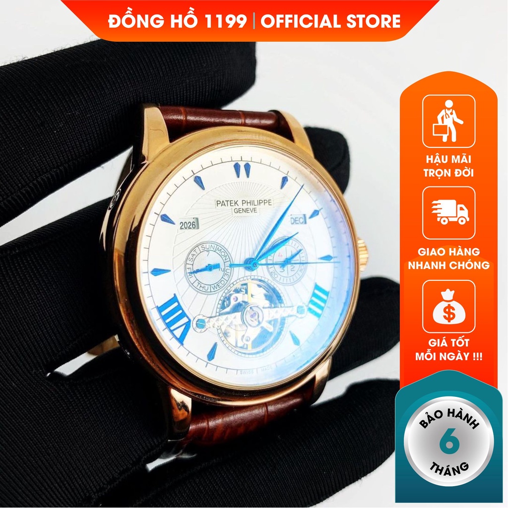 Đồng hồ cơ 1199WATCHES đồng hồ dây da nam 42mm size chuẩn chống nước chống xước dây da nâu 5089vx | BigBuy360 - bigbuy360.vn