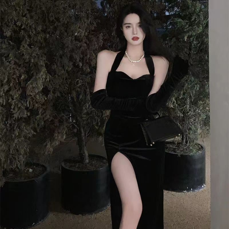 COZOKC COZOK Đầm nhung COZOK không tay xẻ tà quyến rũ phong cách thời trang